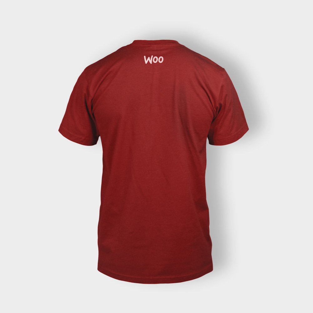 Red t-shirt with "WOO" on the back.